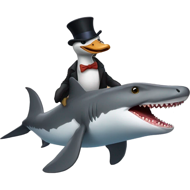 Goose riding a shark with a top hat emoji
