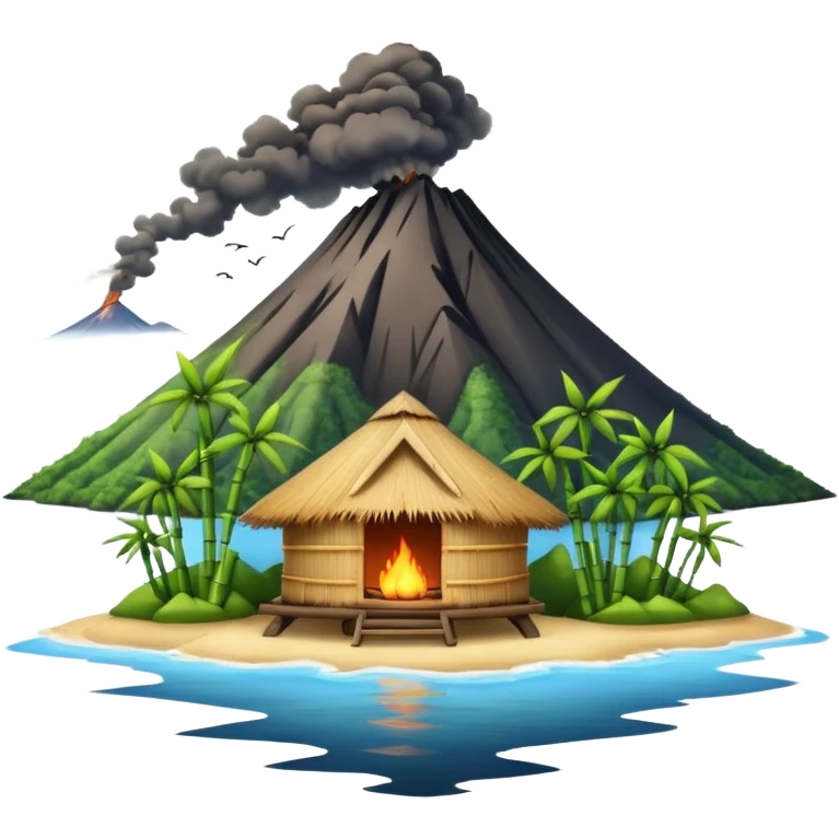 bamboo hut with volcano in the back in Volcano Island  emoji