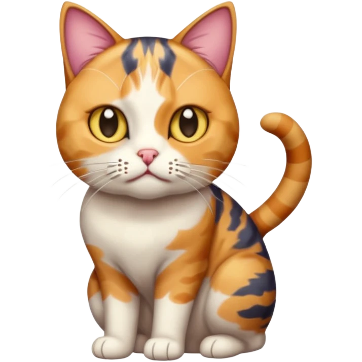 full body colourful calico tabby cat with disproportioned head with an anxious face emoji