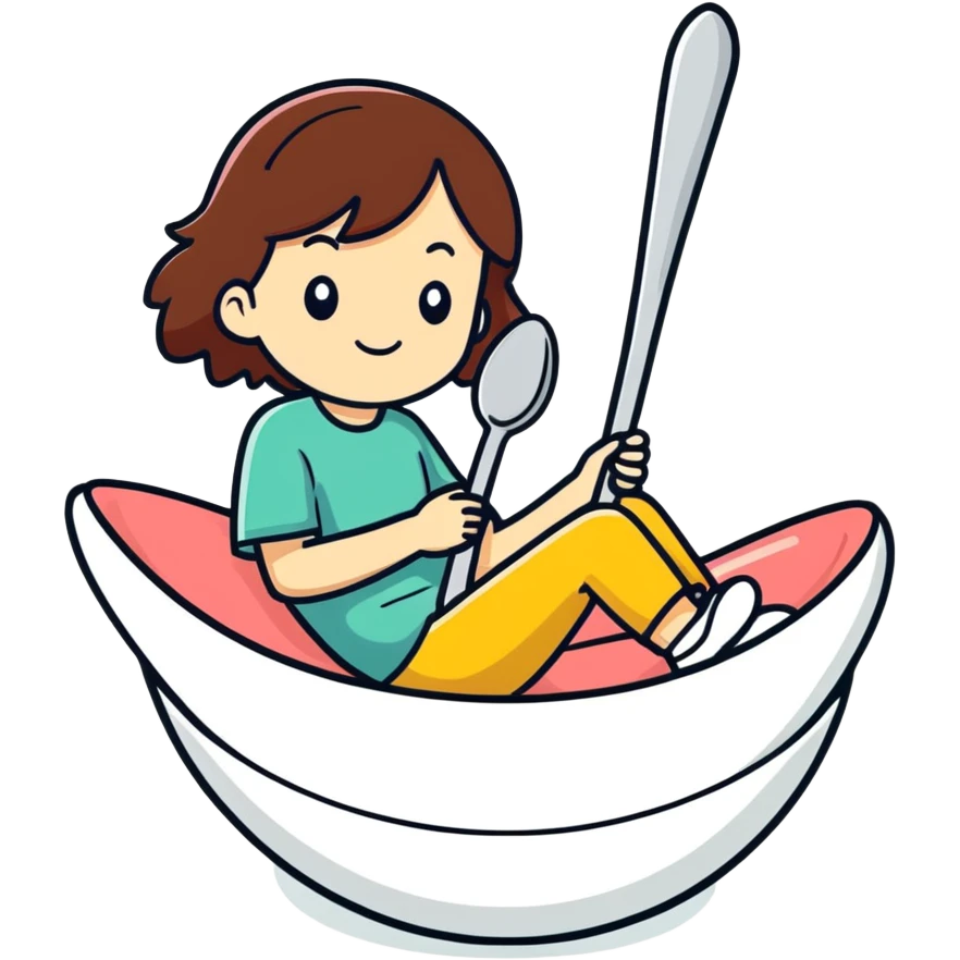 Girl sitting in a giant spoon emoji