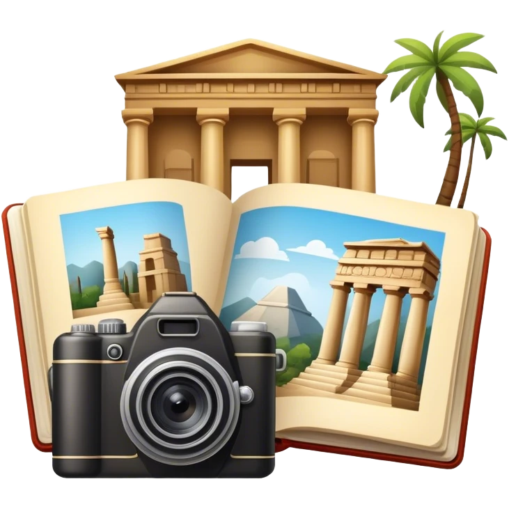Icon for Historical and Cultural Tourism: iconic landmarks like ancient ruins, a museum and a historical monument, with a travel guidebook and camera. The icon should capture the exploration of history and culture. Transparent background. emoji