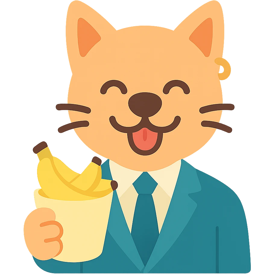 cat with a dog nose, wearing a suit, earring, holding a cup of bananas, playful expression emoji