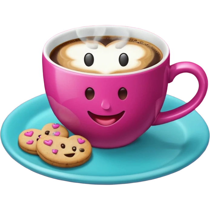 cup of coffee, steaming, the smoke should come out in the shape of a heart, the color of the cup is fuchsia, the cup has a happy face printed on it, the cup rests on a turquoise blue plate, and there are cookies and sugar cubes around the cup. emoji