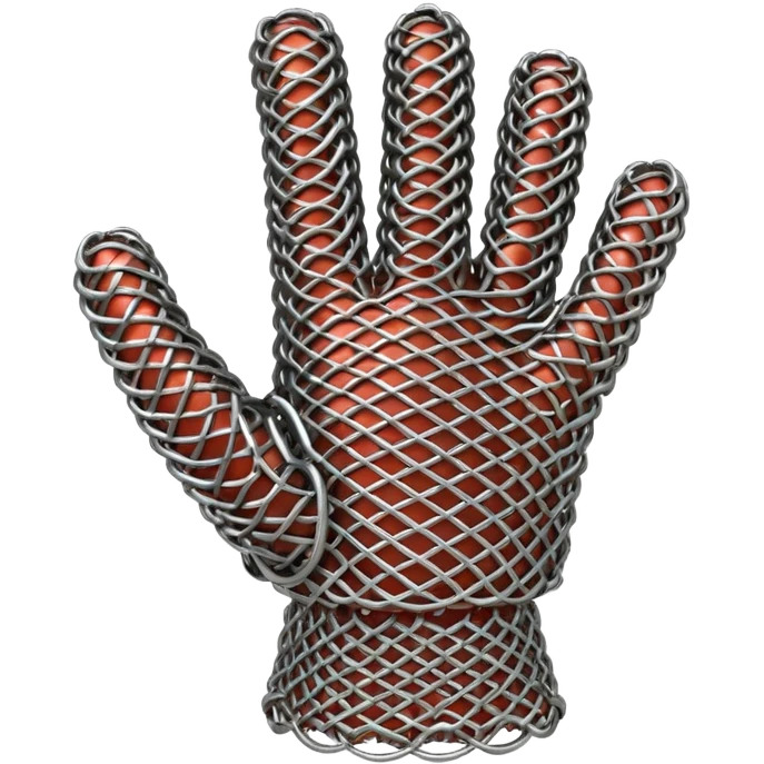 3D render of Butcher’s Glove, made of interlocking chainmail metal rings, wire mesh texture, visible holes and negative space, metallic silver and grey, high contrast shadows, Apple emoji style, isolated on white background --v 6.0. emoji