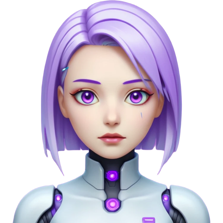 Cyberpunk female android, perfect porcelain skin, glowing artificial eyes, visible faint seams on neck, sleek metallic hair, expressionless, vibrant violet lighting emoji