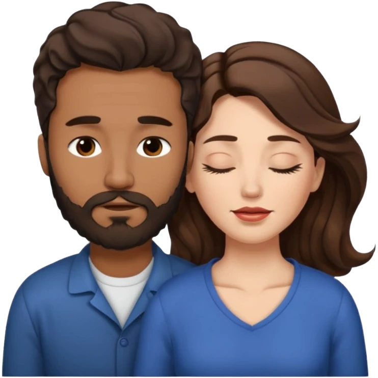 White woman (brown hair with eyes closed) and brown man with black wavy hair (has a a beard with his eyes closed too),The woman has her lips on the forehead of the man. emoji