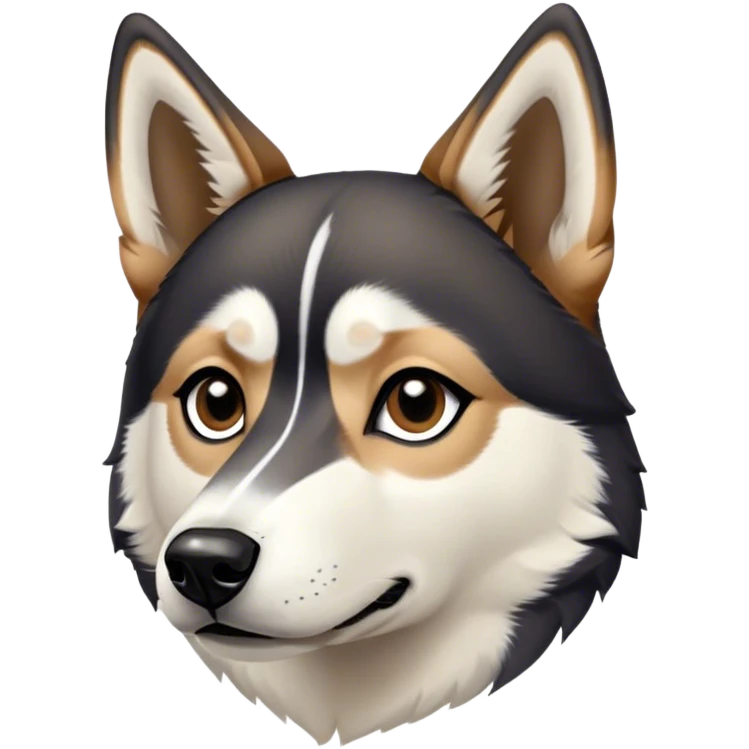 Dog face with black, white and tan. Mostly Black, down around eyes and down side of nose. Tan eyebrows and white on the rest of the nose and a small triangular strip up between the eyes. Pointy black ears. Shepard and husky like emoji