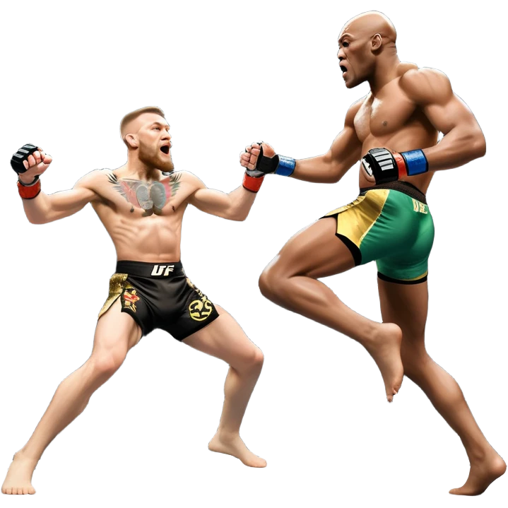 An MMA showdown between Conor McGregor and Anderson Silva in the octagon. McGregor is executing a jumping strike, while Silva skillfully deflects the attack. The background shows the UFC octagon with roaring fans and vibrant energy. Transparent background. emoji