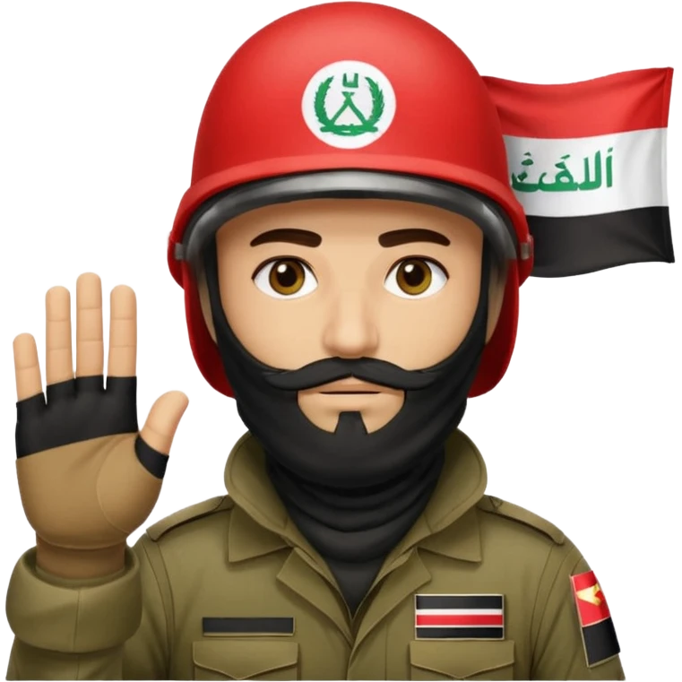 surrenders, depicts an Iraqi soldier from 1980, with a beard, in a helmet, a helmet with sign flag Iraq, with a balaclava, with sad eyes and both hands raised up emoji