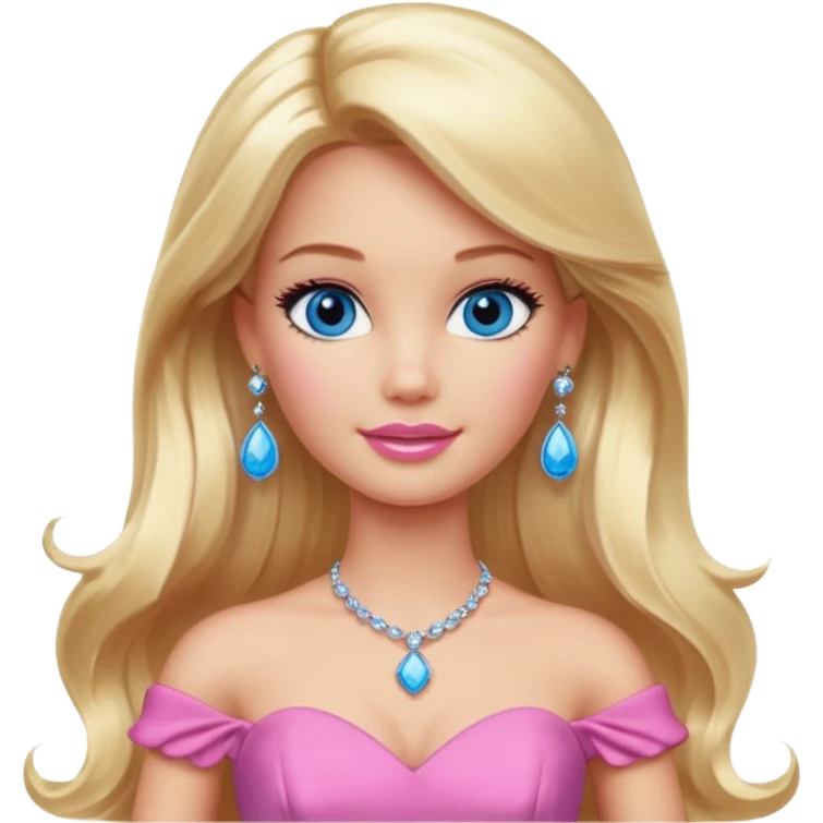 barbie, long blonde hair, pink dress, with blue eyes,different dress,ear rings, jewelary. emoji