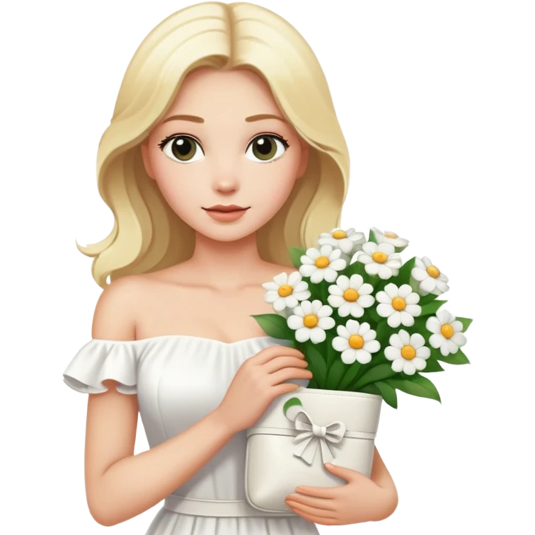 blonde woman in a white off-shoulder dress with a bouquet of white flowers in a white bag in her right hand emoji