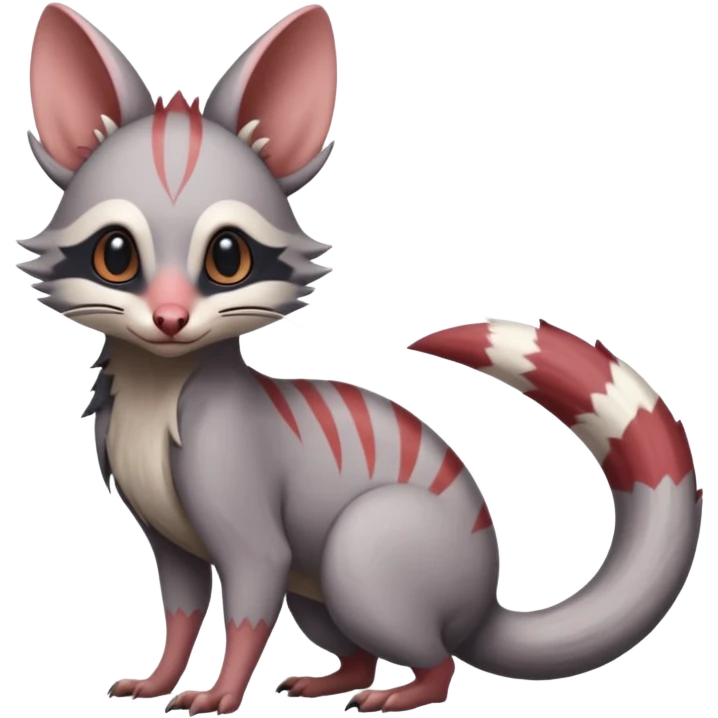 Minccino-Opossum-Numbat-Lykoi-Sphynx-Zangoose-fusion-hybrid-animal-Fakémon-creature, full body, thin long sleek scaly tail, intricate markings emoji