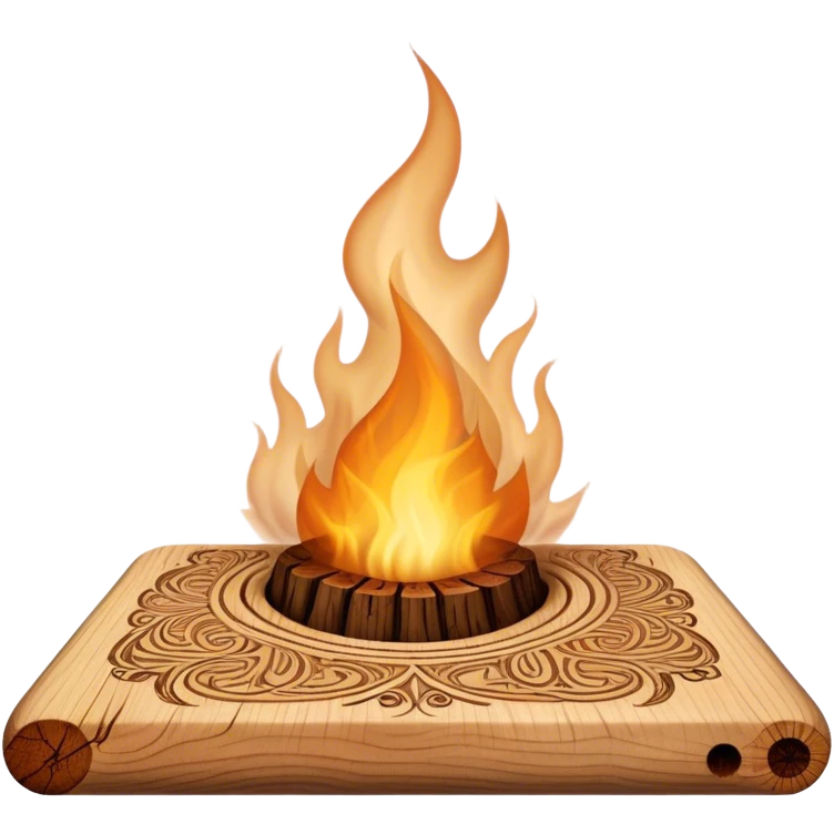 Pyrography icon, piece of wood with half-burned intricate patterns, pyrography tool emitting heat, visible burn marks and ongoing design process, smoke rising from the wood, wood texture, minimalistic style, clean lines, transparent background. emoji