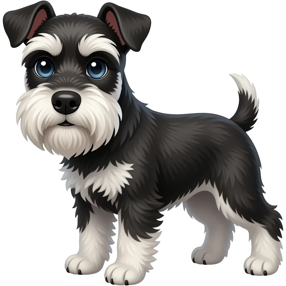 black mini schnoodle dog with grey-blue eyes emoji