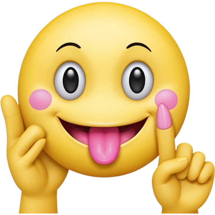 The image is a digital illustration of a yellow smiley face with big, round eyes and a big smile. The face is holding a pink tongue sticking out and making a 67 with its fingers. Above the face, The background is white. Like this but get rid of the text but make the hands do the numbers 67 emoji