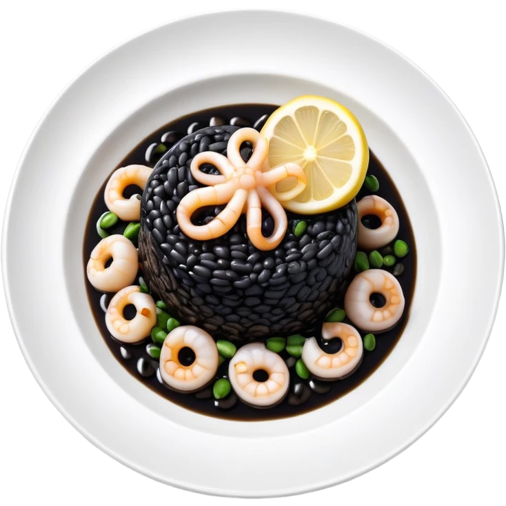cinematic-realistic-black-risotto-dish,-showcasing-small squid pieces-rendered-with-bold-textures-and-dynamic,-dramatic-lighting in a white plate with a grilled lemon on top emoji