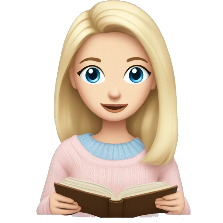 Pretty blue eyed white girl with light pink sweater reading cozy emoji