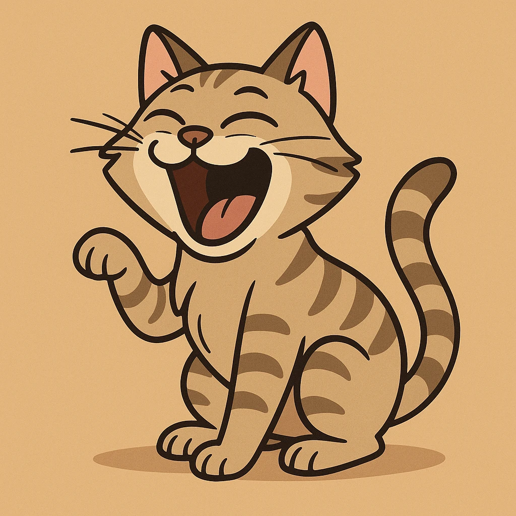 a laughing tabby cat, cartoon style, wide open mouth, playful emoji