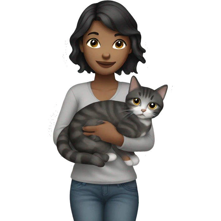 Black haired girl holding a gray tabby cat emoji