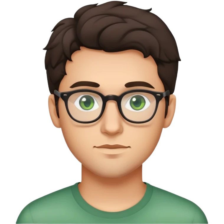 young man with dark slightly curled hair wearing glasses with green eyes and stubble emoji