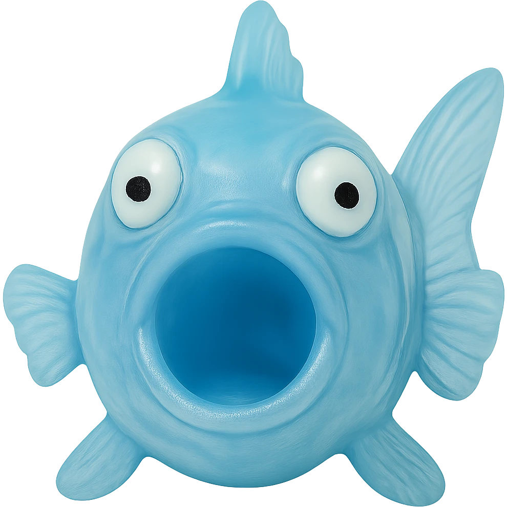 Make the fish even more transparent, with eyes going in different directions, keeping the clear bright blue color, hyper-detailed soft plastic 90's toy look, soft reflections, soft and squishy, some cloudiness, not shiny, hyper-realistic, retro, highly detailed, appealing. Remove the background. emoji