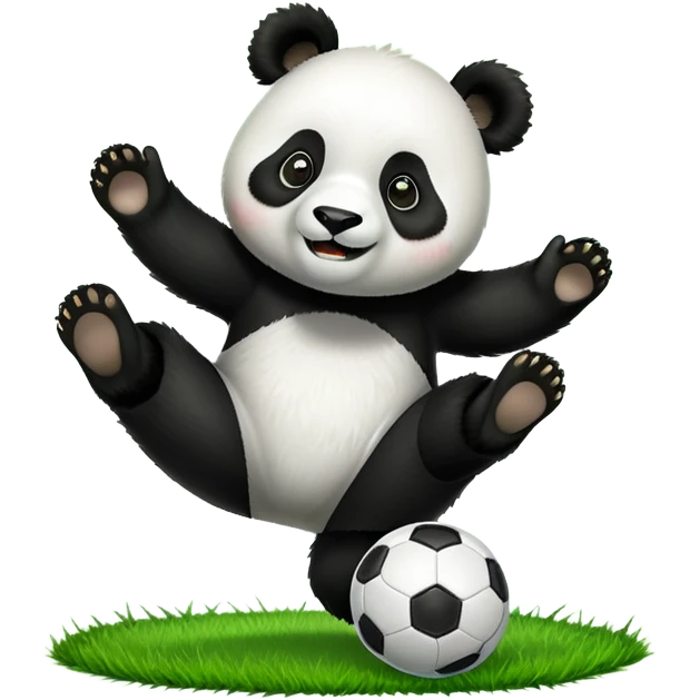 a panda kicking soccer happily on a field emoji