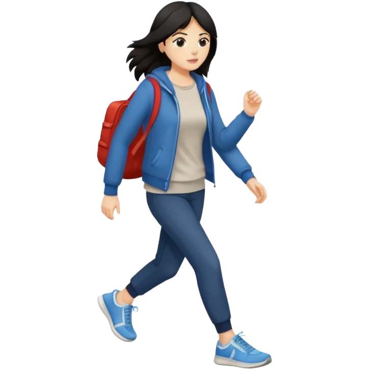 iOS emoji style - a dark haired woman in casual clothes and wearing trainers. Walking quickly. She does not have a bag or backpack.

 emoji