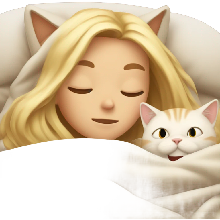 Cat and blonde girl under blanket nap emoji