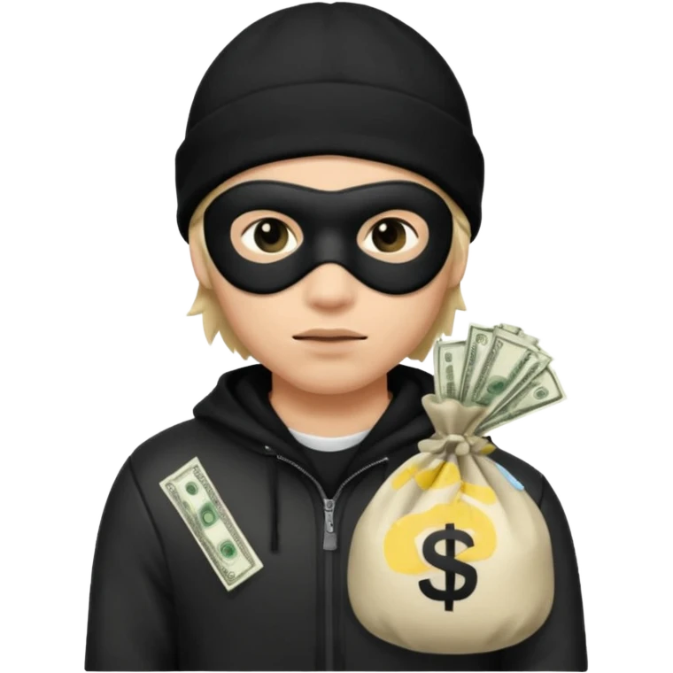 robber wears black eye mask and black beanies with money bag beside him emoji