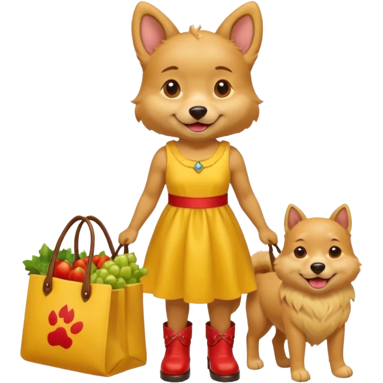 smiling-dog-in-a-yellow-dress,-red-boots,-carrying-a-market-bag emoji