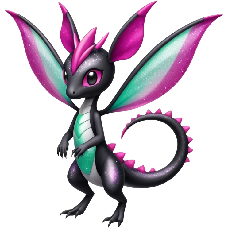 Cute elegant realistic sparkly glittery Magenta, black and white Meloetta-Flygon-Gorebyss-Salandit-Pokémon-Fakémon-creature-fusion-hybrid emoji