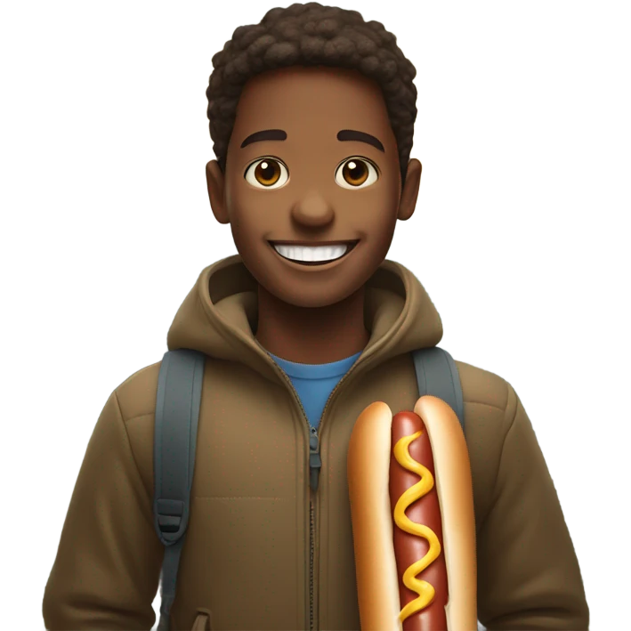 smiling boy in mountain portrait with hot dog emoji