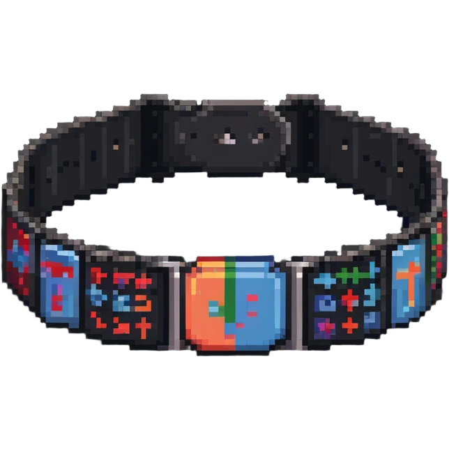 A pixel art championship belt with coding symbols for hackathon winner emoji