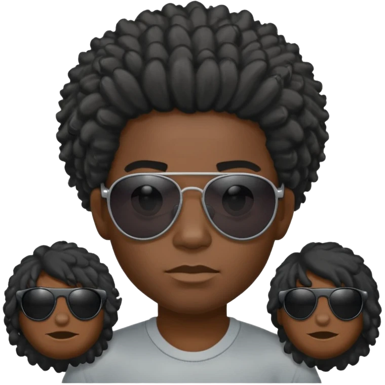 Un garçon,de couleur noir avec des lunettes de soleil grise,il a des cheveux crépus et au dessus de sa tete il est écrit BOUSS  sans qu’on voit ses yeux emoji