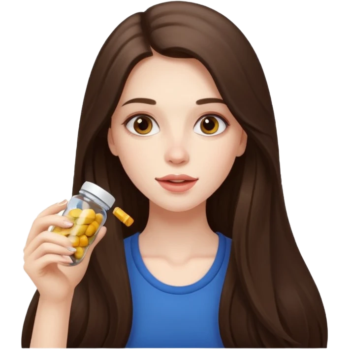 beautiful pale brunette girl with long hair eating supplements emoji
