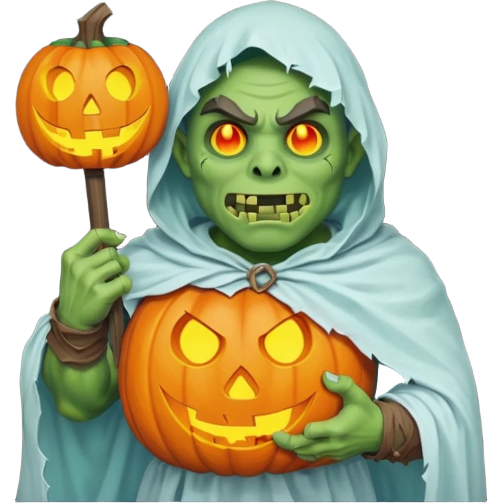 male orc warrior ghost emoji, green skin, wearing torn white ghost sheet costume, holding glowing jack-o'-lantern, faint blue aura, friendly but spooky expression, Halloween fantasy theme, Apple emoji style, clean white background, square emoji