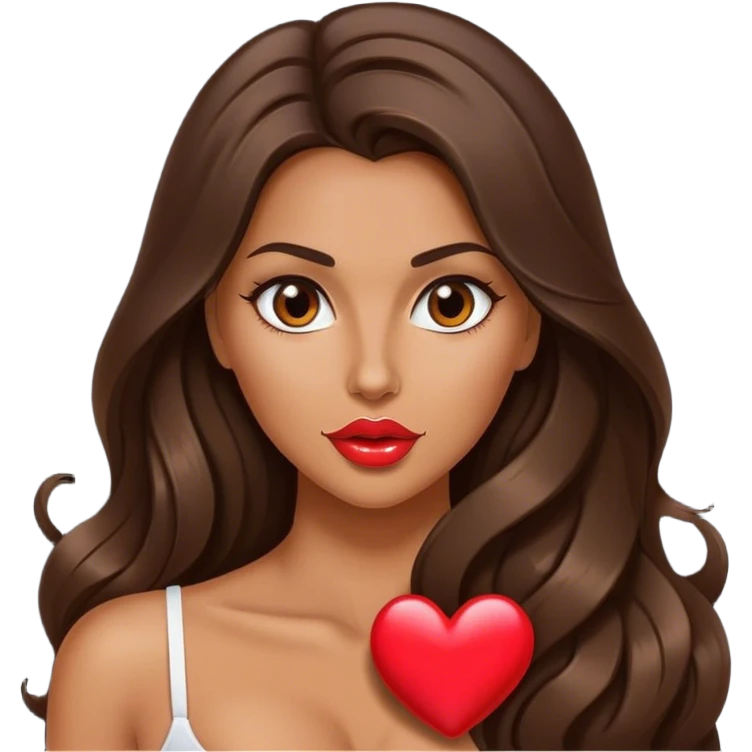 Sexy tanned beautiful girl work with pump lips and brunette straight long hair showing heart emoji