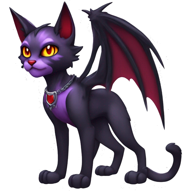 Anthro-Cute-Edgy-Cool-Vampiric-Batty-Cat-Black-Purple-Red-Grey-White-Yellow-Contrast-Colors-Fantasy-Fur-Sona-Chibi-Shiny-Fakémon-Hybrid with horns and fangs and collar full body emoji