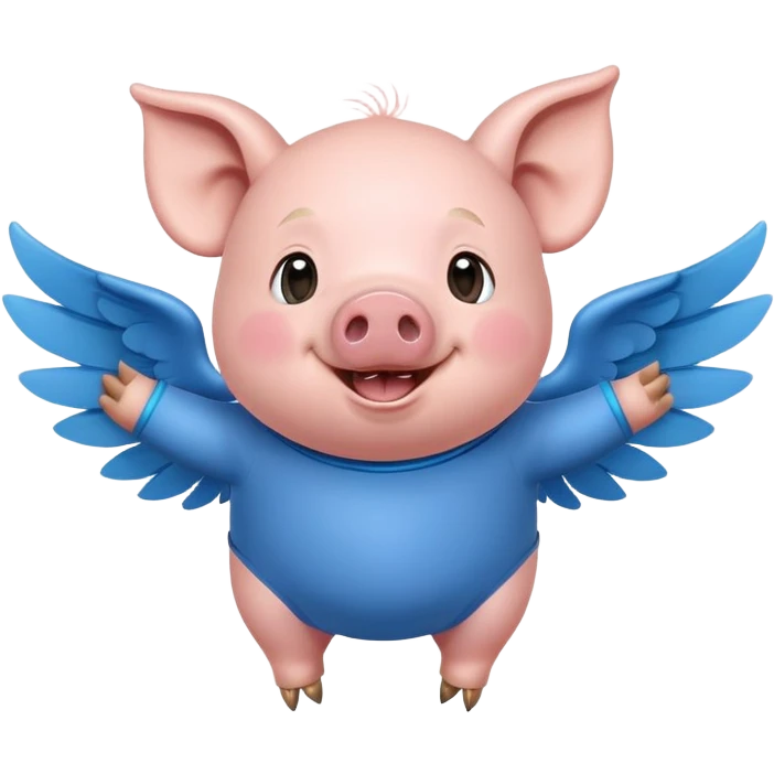 Create a cheerful, realistic cartoon character of a pig with a round body, wearing a blue outfit and small wings, smiling joyfully emoji