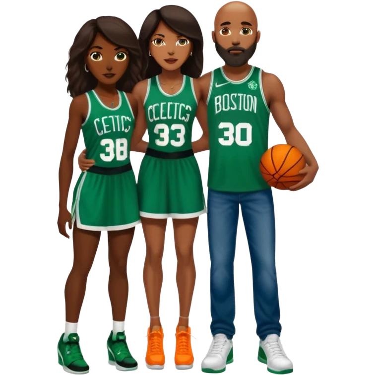 48-year-old dark skin black woman with brown eyes, long dark brown hair dressed in sexy 
celtics jersey dress outfit, wearing stilettos. A Bald White man with orange beard facial hair and has blue eyes, wearing a Jason Tatum Boston Celtics Jersey jeans & green Nike sneakers  emoji