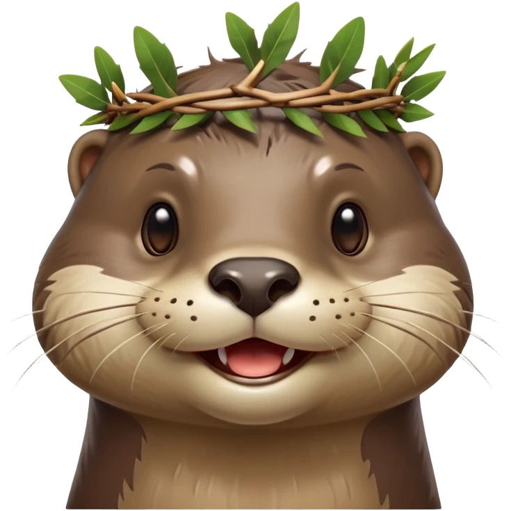 anthropomorphic smiling otter face in three-quarter profile view with simple thorny stem wrapped horizontally around its forehead like Jesus Christ's Crown of thorns, more human-like features, expressive eyes, human-like expressions, Apple emoji style, glossy finish emoji