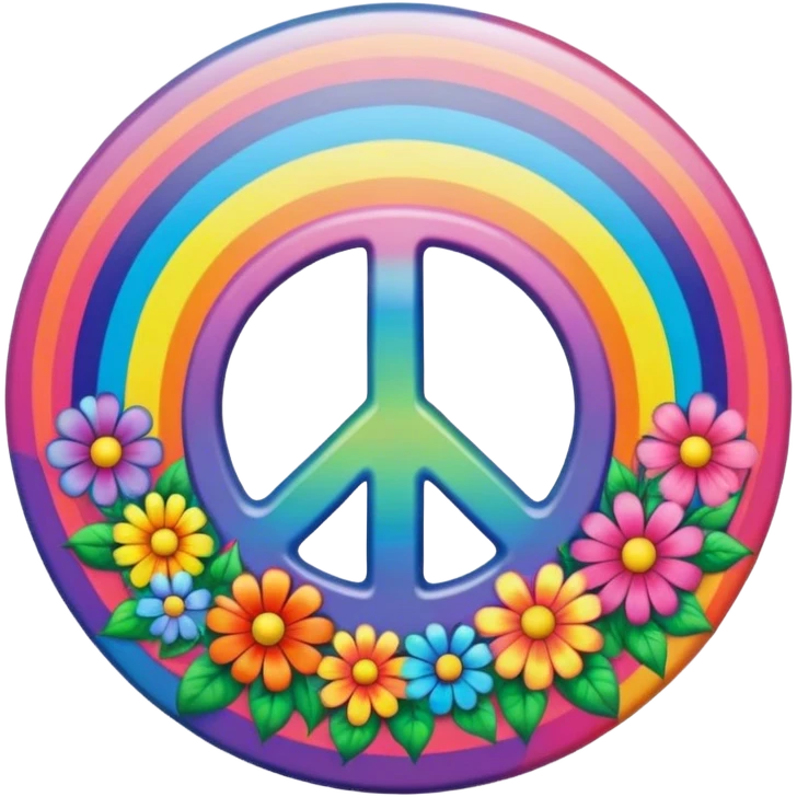 A round psychedelic colored button that says Peace with rainbow colored hippie style flowers emoji