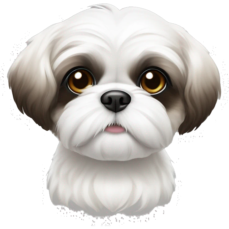 All white Shih tzu puppy with R eye brown and brown ears and black tips of ear emoji