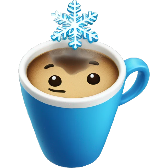 A cup of coffee  with a blue snowflake on top emoji