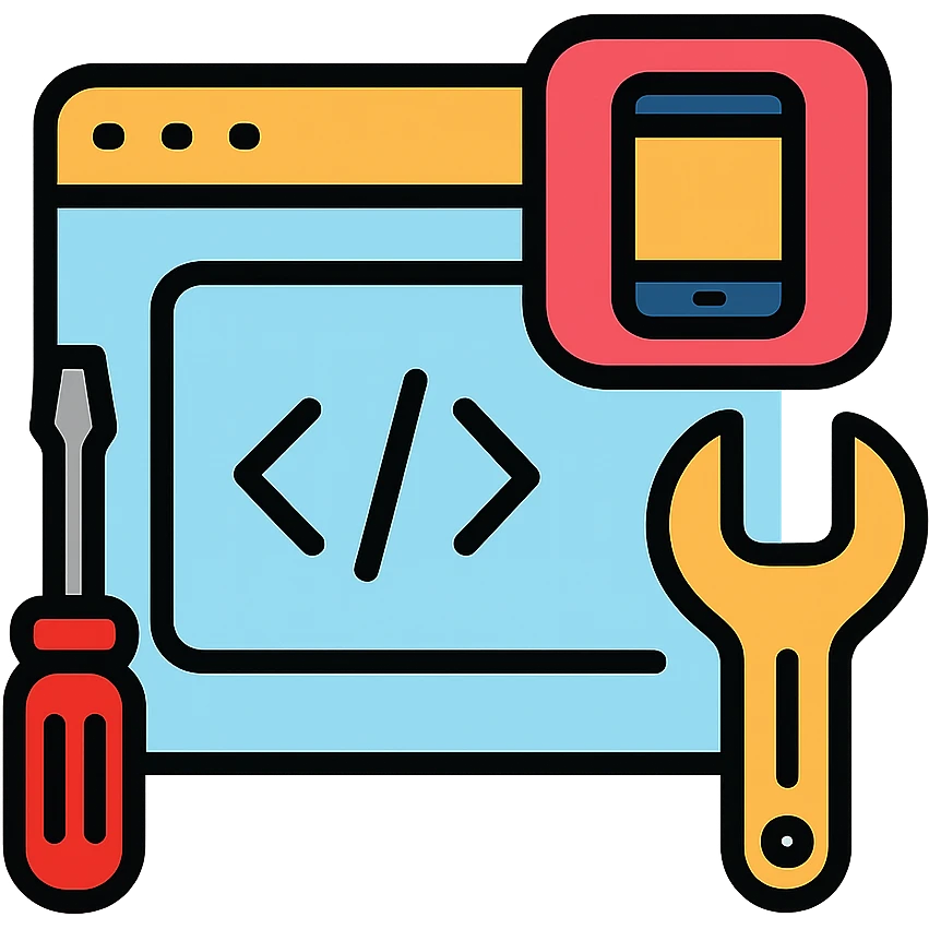 App development interface with tools and code emoji