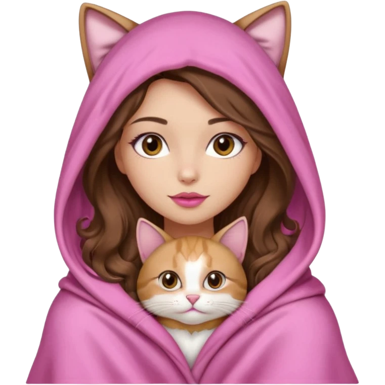 girl with long wavy brown hair, brown eyes, long lashes makeup, sexy pink lips, light to medium complexion, wearing a pink sexy silk top, big blanket over the head cozy holding a cat, no cat earn on the hood emoji