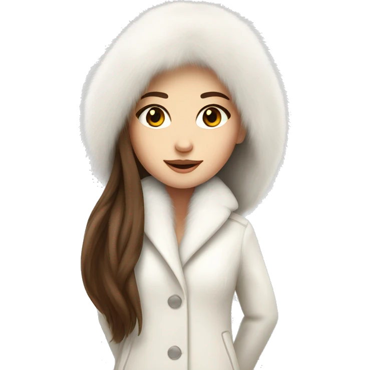 Beautiful white girl with straight brown long hair in white fur-coat emoji