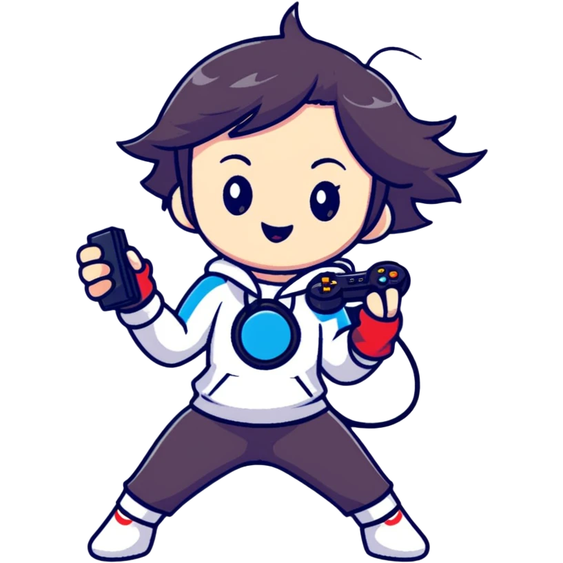 magical heroine chibi emote holding a game controller, excited gaming pose emoji