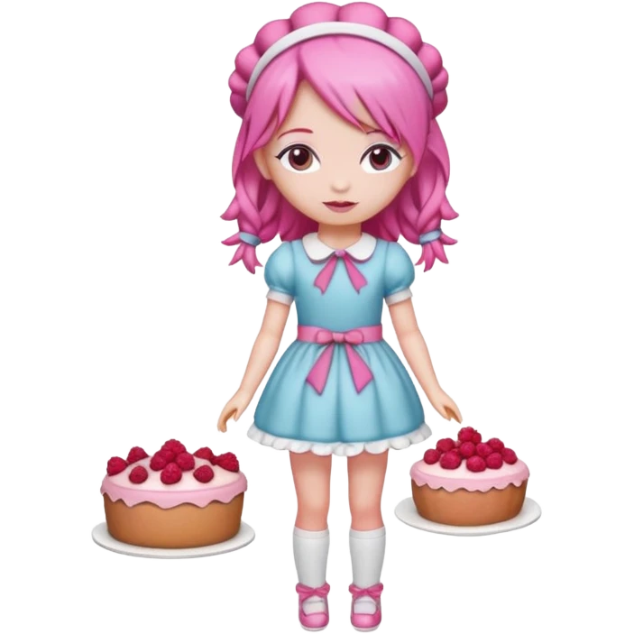 Isolated detaile illustration modern raspberry torte doll figurine full body with pink hair and a raspberry hairband emoji
