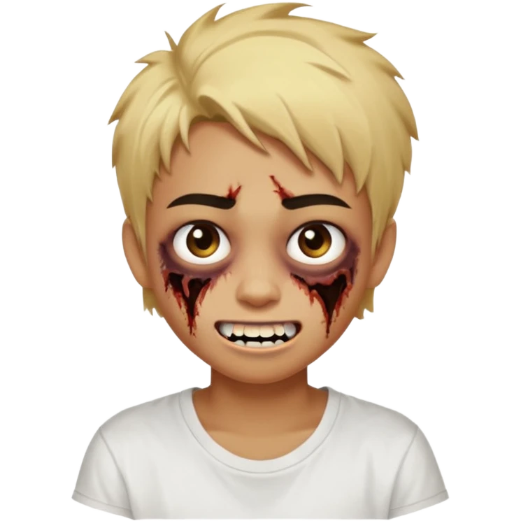 Teenager. Short buzz, messy blonde hair. Dark brown bushy eyebrows large expressive golden-brown eyes, brown skin color, scar over nose, wearing a plain white t-shirt. Crooked grin showing imperfect teeth, one side raised higher than the other, zombie-like smile . brown skin color.  emoji